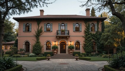 Fototapeta premium A grand, stately two-story residence boasts a symmetrical facade, lush greenery, and an inviting entrance, evoking timeless elegance and charm.