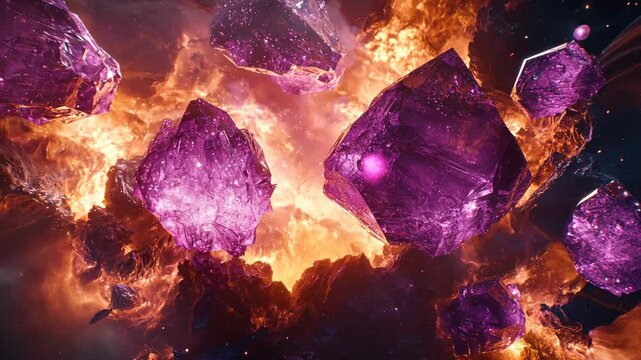 Floating purple crystals surround a blazing explosion of orange fire and dark matter