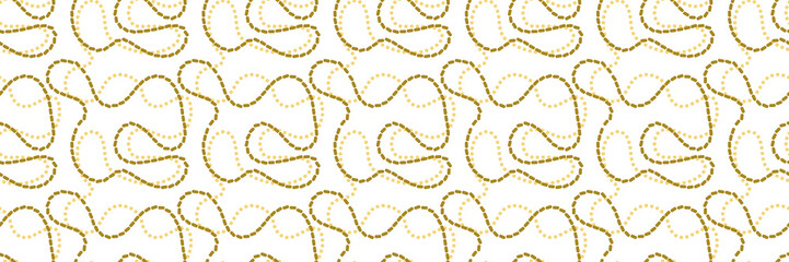 Seamless pattern of abstract gold dotted lines forming organic, flowing shapes on a light gray background. Repeating and decorative design