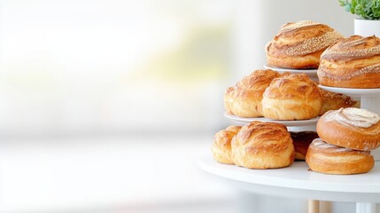 Assortment of freshly baked bread rolls and pastries displayed on a white tiered stand in a bright setting.