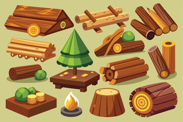 Collection set of cartoon isolated wood timber objects.