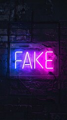 Bright neon fake sign on dark brick wall illuminated in purple and blue