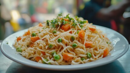 Rice noodles showcase colorful carrot, peas, garnished parsley on plate, presenting delicious appetizing culinary delight.
