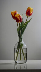 Minimalist composition featuring three tulips in a glass vase against a white backdrop.