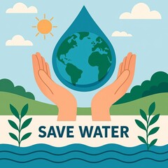 Flat illustration of hands holding a water droplet, symbolizing water conservation and ecological protection. Promoting clean water, sustainability, and environmental awareness for a blue planet.
