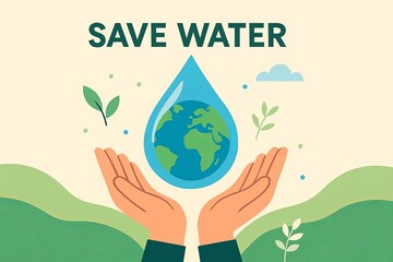 Flat illustration of hands holding a water droplet, symbolizing water conservation and ecological protection. Promoting clean water, sustainability, and environmental awareness for a blue planet.