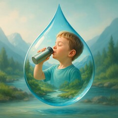 Realistic illustration of a child drinking clean water from a stainless steel bottle by a mountain spring. Promoting water conservation, eco-friendly hydration, and the protection of natural resources
