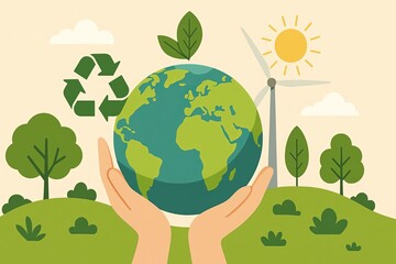 Flat illustration of hands holding Earth, symbolizing saving the planet, protecting nature, promoting eco-friendly living, sustainability, recycling, clean energy, and fighting climate change.