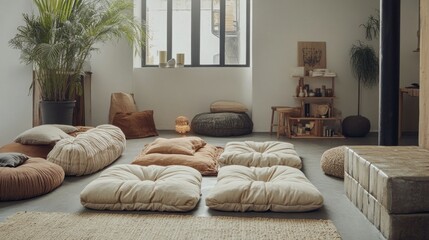 Comfortable modern living space with floor seating and house plants