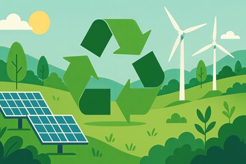 Flat design showing the recycling symbol in a green landscape with wind turbines and solar panels. Promoting eco-friendly living, clean energy, sustainability, and a zero waste future.