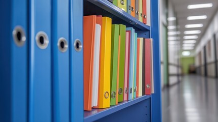 Ring binders stand arranged on shelf colorful paperwork organized, business documents neatly filed for reference.