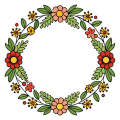 HandDrawn Colorful Floral Wreath with Flowers, Leaves, and Berries