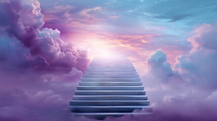 Stairway Rising Into Glowing Light Through Dreamy Clouds and Sky for Spiritual, Inspirational, Peaceful, or Afterlife Conceptual Themes
