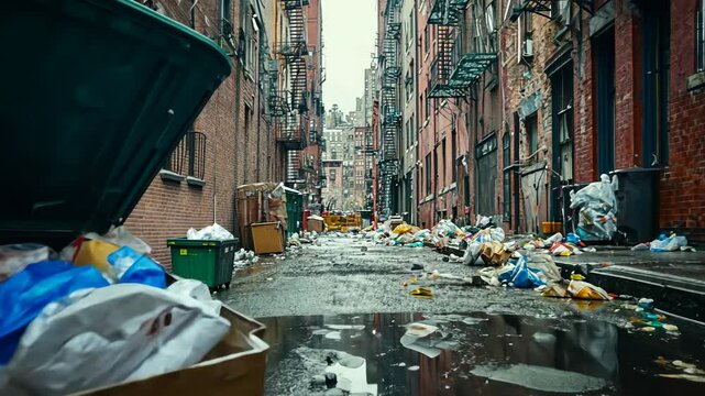 Overfilled bin in gritty alleyway. Reflected light on wet pavement. Brick buildings loom over the narrow path