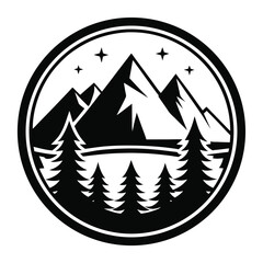 Obraz premium Black and White Mountain with Conifer Trees and Stars in a Circle Border