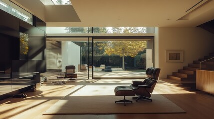 A modern living room with large windows and natural light
