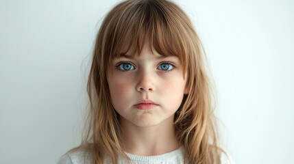 Caucasian girl looking intensely poses headshot, her gaze reflecting quietness, conveying emotional depth, simplicity.