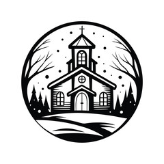 Church Building Icon Surrounded by Bare Trees and Evergreen in Black and White Circle