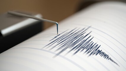 Urgent eruption concern warning concept. Seismograph recording earthquake activity on paper.