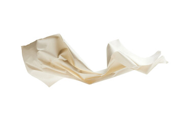 Crumpled beige paper floating in the air under soft lighting in a minimalistic indoor setting