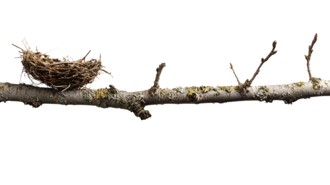 Empty Bird Nest on Branch Isolated on White Background for Wildlife Concepts and Design Projects