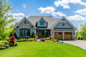Fototapeta premium Highly detailed, bright, and clear photograph of a beautiful suburban home with a large front yard and a perfectly manicured lawn in the springtime.