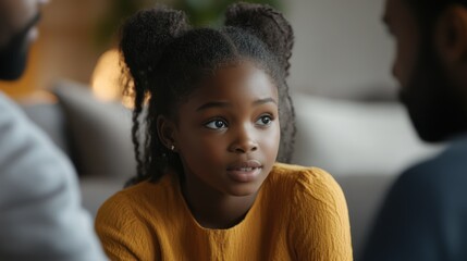 African American girl listens intently during family counseling session with her parents, seeking support.