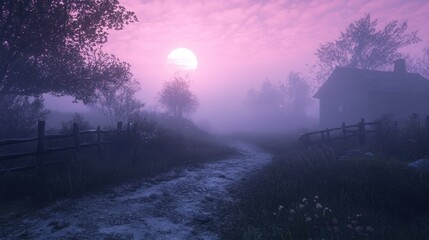 Fototapeta premium A rural landscape depicts a foggy sunrise over a house