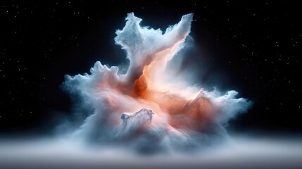 A vibrant and ethereal cosmic cloud formation with glowing blue, white, and orange hues against a dark, starry background, resembling a distant nebula.