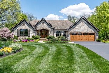 Fototapeta premium Highly detailed, bright, and clear photograph of a beautiful suburban home with a large front yard and a perfectly manicured lawn in the springtime.