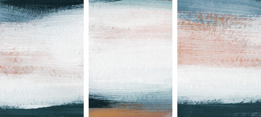 Three minimalist artist-made paintings. Versatile artistic image for creative design projects: posters, banners, websites, covers, cards, magazines, prints, wallpapers. Acrylic on cardboard.