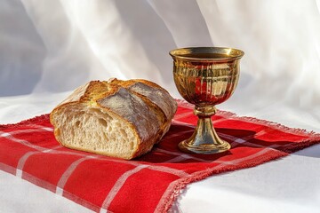 Loaf of Bread and Golden Chalice on Red Cloth