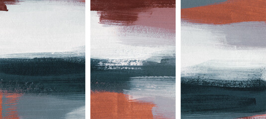 Three minimalist artist-made paintings. Abstraction. Versatile artistic image for creative design projects: posters, banners, websites, covers, cards, magazines, prints, wallpapers. Acrylic on paper.