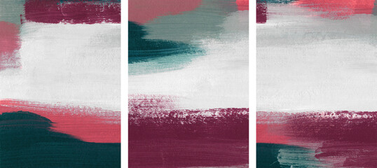 Three minimalist artist-made paintings. Abstract texture. Versatile artistic image for creative design projects: posters, banners, websites, covers, cards, magazines, prints and wallpapers.