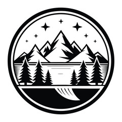 Fototapeta premium Round Mountain Landscape with Trees, Lake, Waterfall, and Stars Black and White