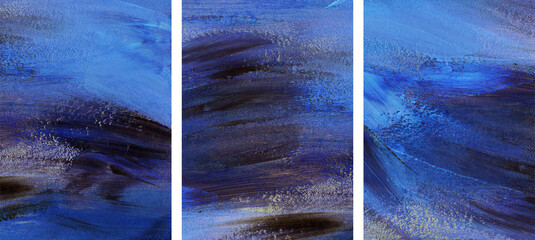 Three minimalist abstract artist-made paintings. Blue texture. Versatile artistic image for creative design projects: posters, banners, websites, covers, cards, magazines, prints, wallpapers.
