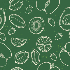Vector seamless pattern. Ripe fruits drawn with light lines on a deep green background. Restrained summer variant