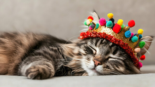 Sleepy Maine Coon Cat Wearing Colorful Crown