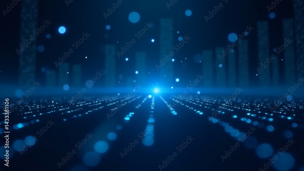 Poster abstract digital background of light streaks and particles against a dark blue background. the light