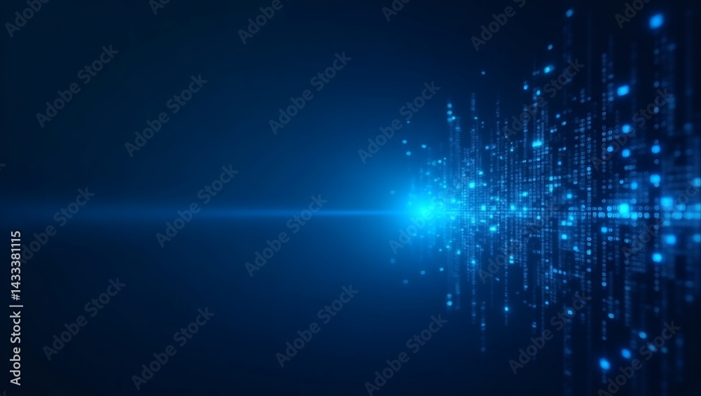 Poster abstract digital data flowing with bright blue particles in a futuristic and high-tech concept, highlighting the vastness of the digital world.