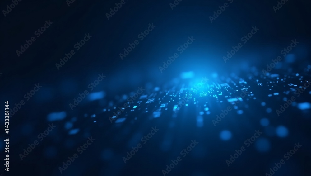 Poster a mesmerizing image of a digital circuit board, bathed in blue light, with glowing particles dispers