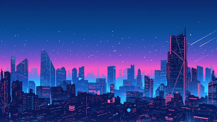 Obraz premium 近未来のネオンが輝くサイバーパンク都市の夜景イラスト｜高層ビルと幻想的な光に包まれた近未来都市風景｜SF背景・近未来ビル群・紫と青の光彩表現