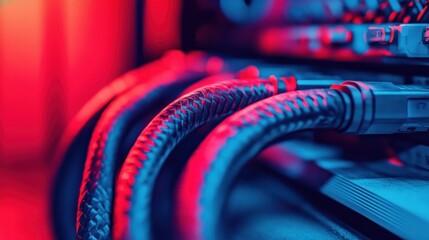 A close up of network cables and server components