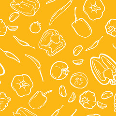 Vector seamless fresh pattern. Healthy fruits drawn with light lines on a bright yellow background. Discreet summer variant