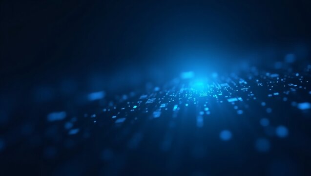 A mesmerizing image of a digital circuit board, bathed in blue light, with glowing particles dispersed across the surface, symbolizing the flow of data and information