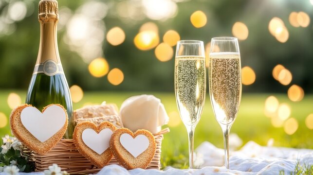 Romantic outdoor picnic with champagne and heart shaped cookies