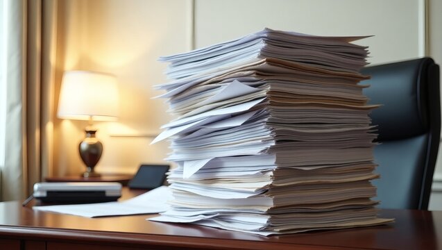 a tall stack of paper documents and paperwork sitting on desk in office setting