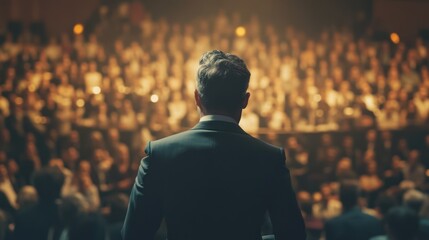 Businessman delivers presentation, back faces large diverse audience, conveying authority, leadership, inspiration, wisdom.