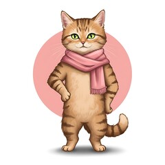 Illustrated Tabby Cat Wearing Pink Scarf Posing Confidently in Front of Pink Circular Background