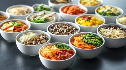 Bibimbap, banchan, and kimchi fill bowls, showcasing colorful and diverse Korean cuisine varieties.